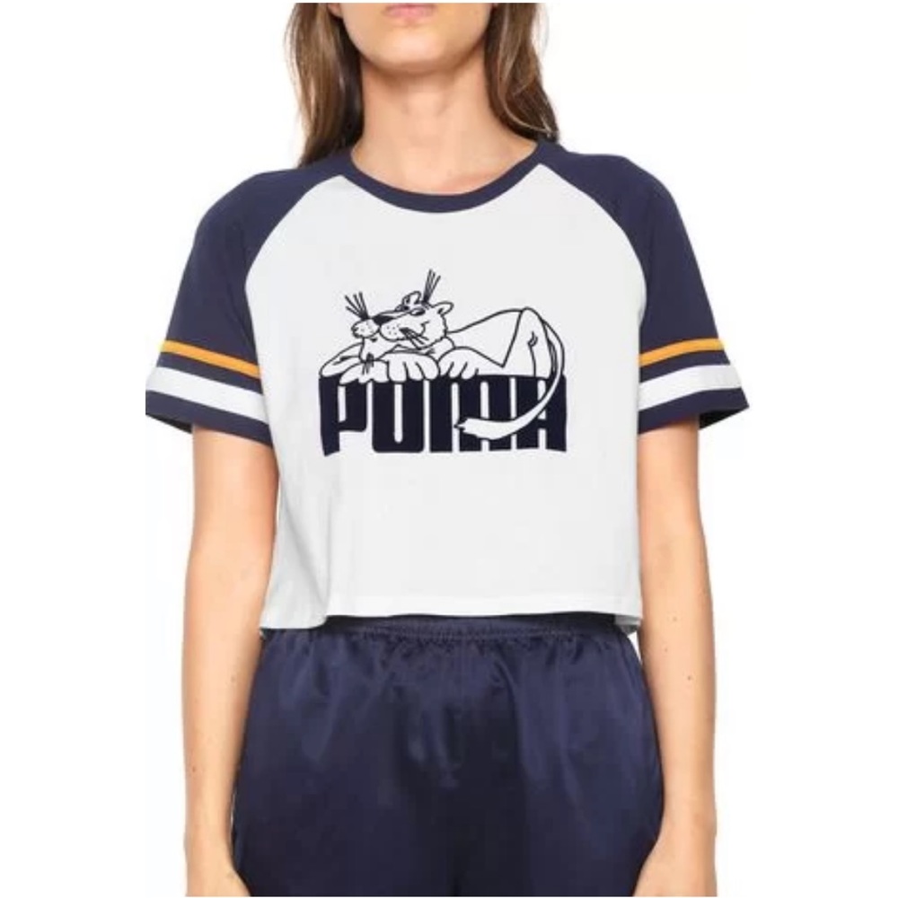 NEW Super Puma Crop Tee Blue Brown White Size XS